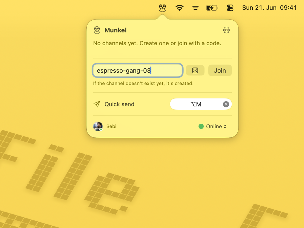Munkel menu bar popover: type a channel name to join or create one